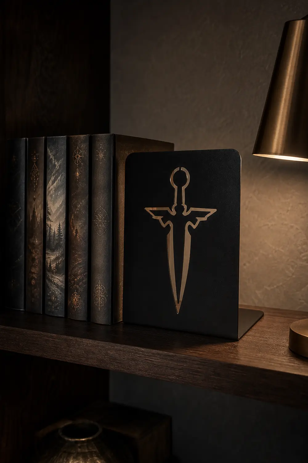 Aparador de livros espada alada em aço preto ao lado de luminária dourada