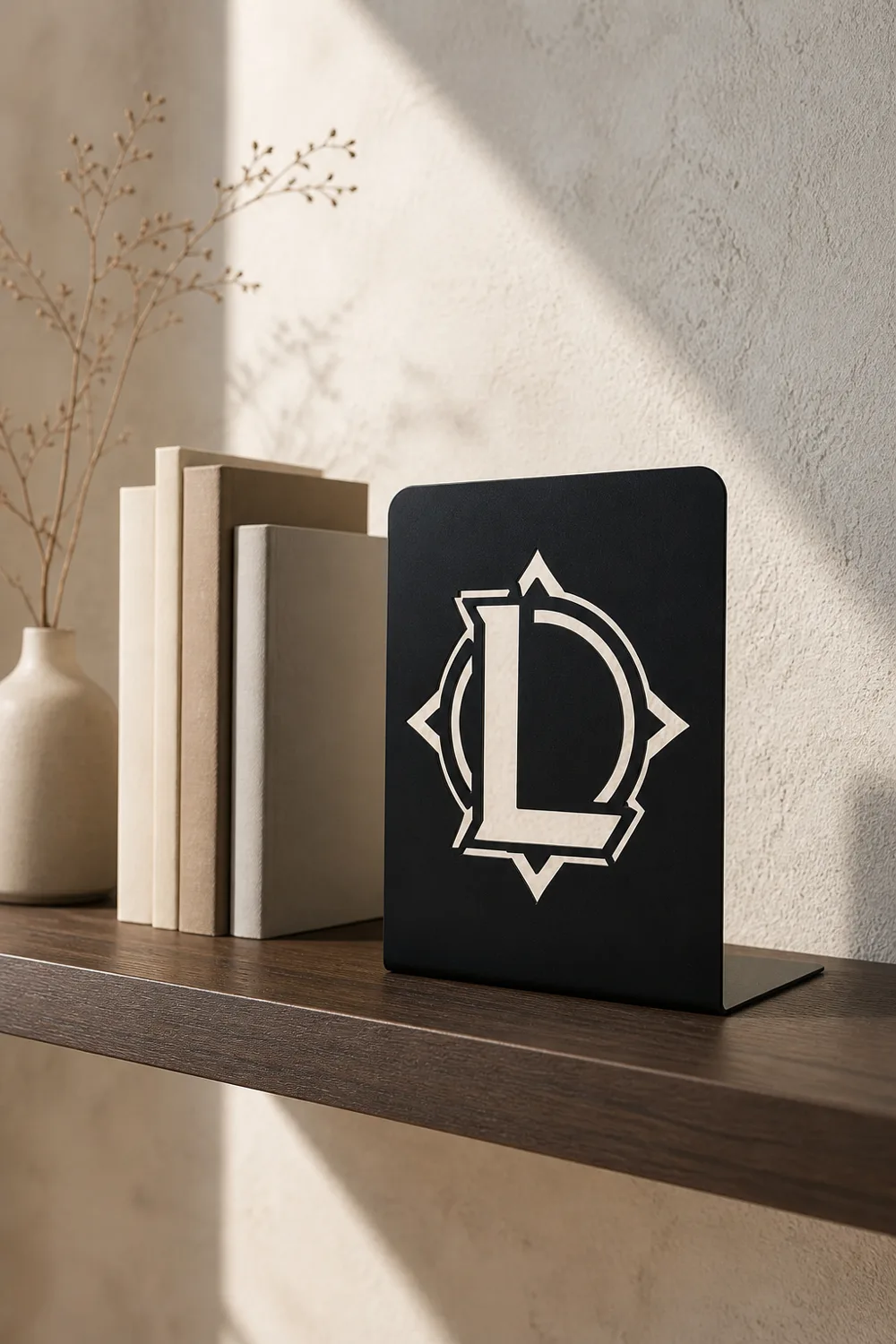 Aparador de livros em aço preto com letra personalizada em prateleira de madeira