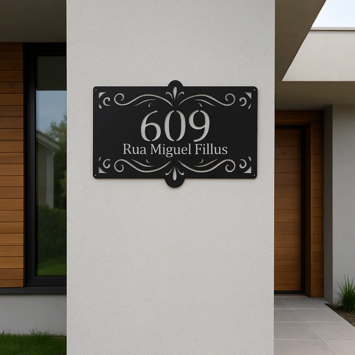Fachada de casa decorada com placa de número residencial em aço