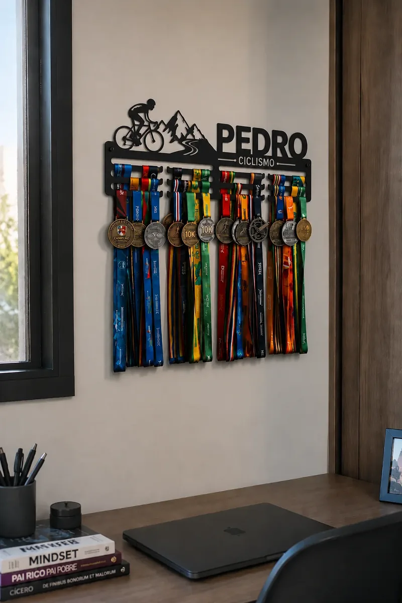 Porta-medalhas de ciclismo personalizado com medalhas expostas na parede do home office